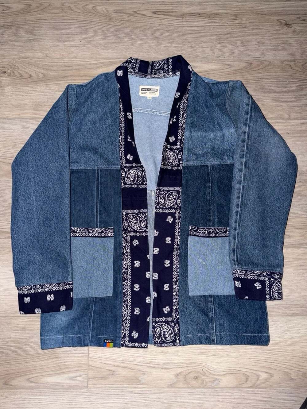 Overlord Washed Denim Patchwork Bandana Noragi Kimono Jacket Size L